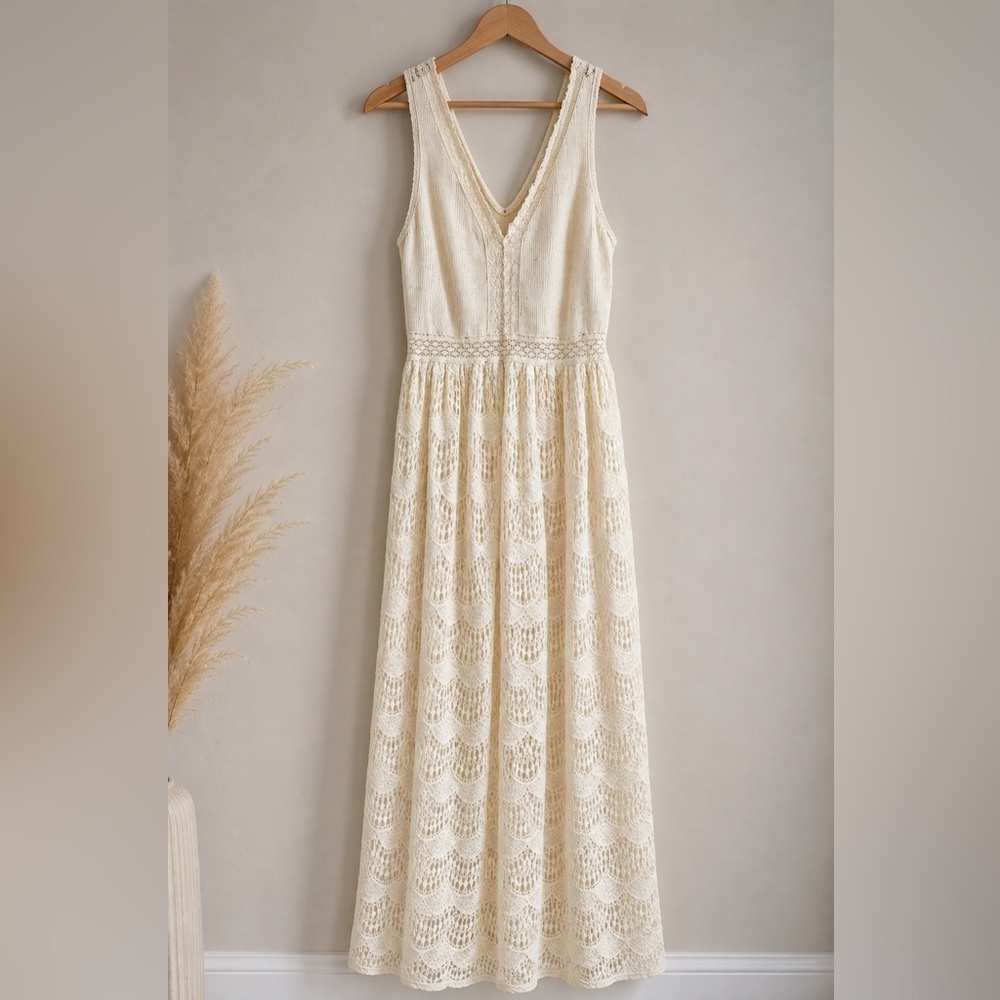 Moa Moa Ivory Crochet Lace Boho Maxi Dress